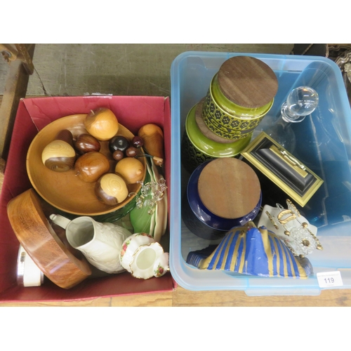 119 - Two Boxes containing Hornsea Jars, Decanter, Two Clocks, Woodenware, etc