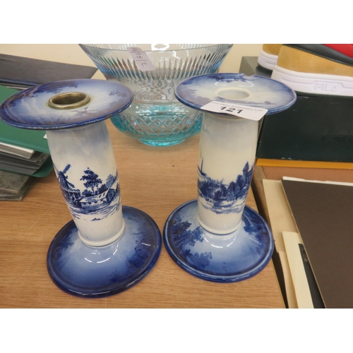 121 - Pair of Doulton Burslem Blue and White Candlesticks