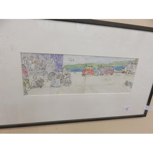 17 - Framed Watercolour, Sketch, Figures and Cars, Mono. C.M.M.