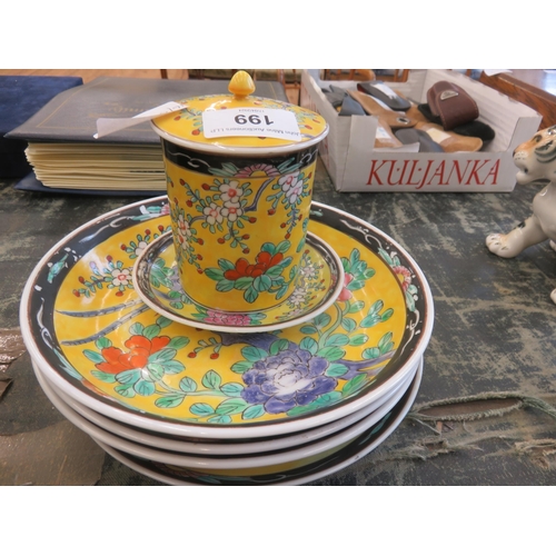 199 - Yellow decorative Plates and matching lidded jar