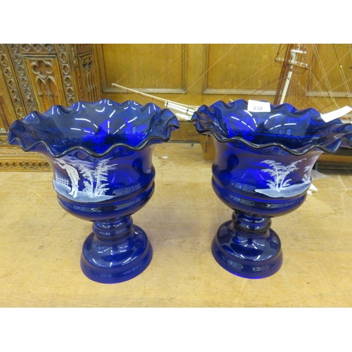 232 - Pair of Blue and White Mary Gregory Style Glass Vases