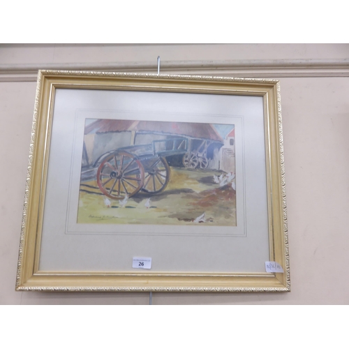26 - Gilt Framed Watercolour - Horse Cart and Chickens - signed