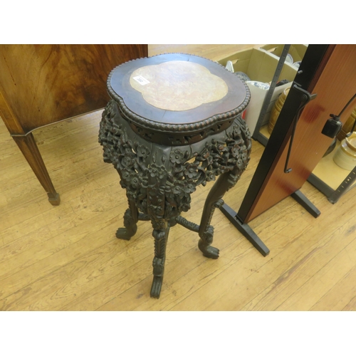 380 - Heavily Carved Eastern Wood Pot Stand with marble top