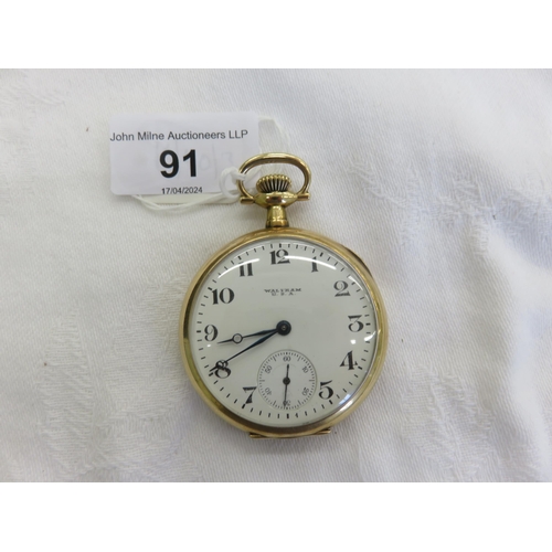 91 - 14ct Gold Cased Waltham Open Face Pocket Watch