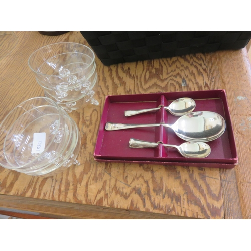 158B - Six Crystal Fruit/Dessert Bowls, with Six Silver Plated Fruit Spoons and Server in Case 