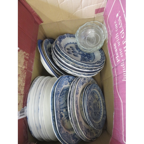 244 - Two Boxes Blue and White Ware/Dinnerware, linen etc