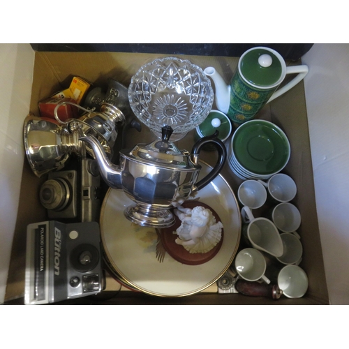 228 - Box Containing, Plated Tea Set, Cameras, Miniature Tea Set etc