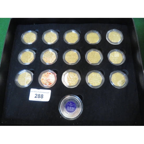 288 - Fifteen Gold Plated and one Silver Coin Set: Platinum Jubilee Fifty Pence collection in case