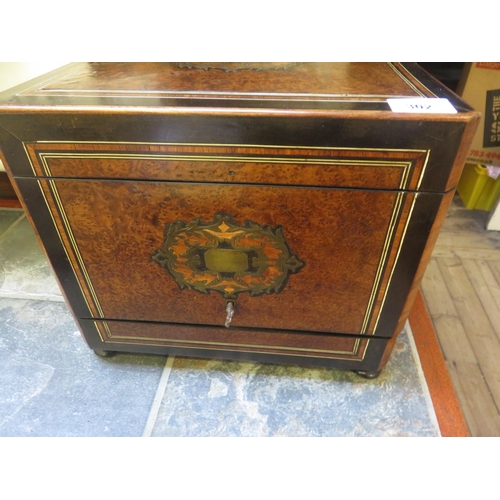 302 - Brass Inlaid Burr Walnut Decanter Case with key