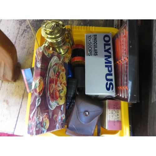 318 - Box with Lantern Camera, Binoculars, two cutlery sets, puzzle box, Badminton Racquet etc.