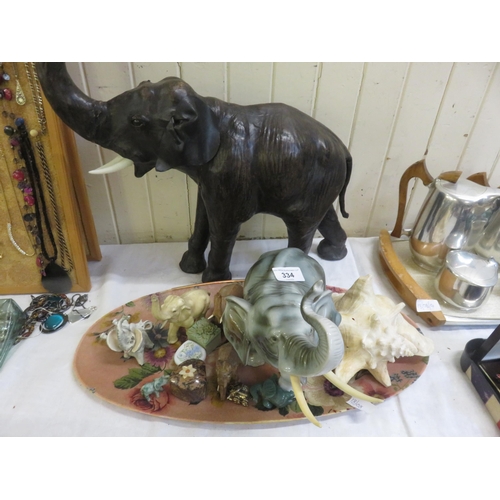 334 - Tray with Elephants, Trinket Boxes, Shell and Large Leather Elephant