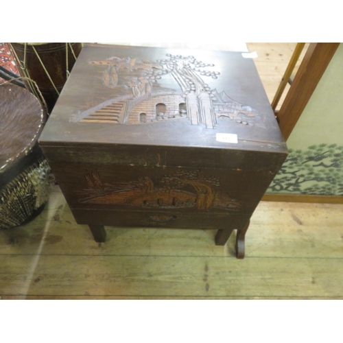 441 - Carved Sewing Table and Accessories with Wicker Box