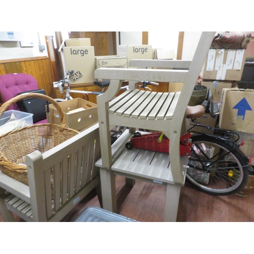 447 - Painted Oak Garden Table and two matching chairs