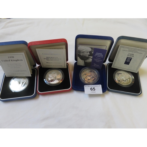 65 - Four x Royal Mint 925 Silver Proof Crowns - all 28.28gms. All Coins are Capsulated and Come In The O... 