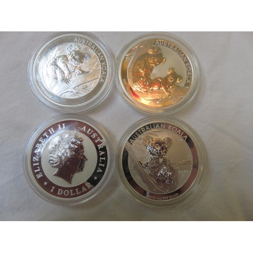 74 - Royal Australian Mint 4 x 999 1oz Silver Koala Coins, 2011, 2012, 2013, 2015. Coins are capsulated