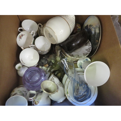 315 - Box of Mixed Tea Ware, Two Animal Figures, Two Vases etc.