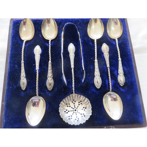 115 - Box of Victorian Silver Spoons, Tongs and Sifter Spoon