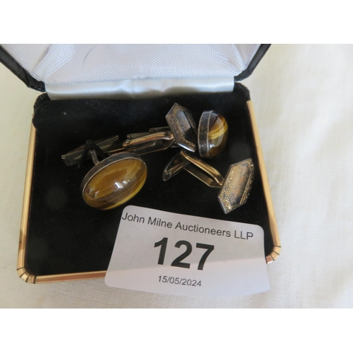 127 - Pair of Silver Tiger's Eye Cufflinks and one other pair