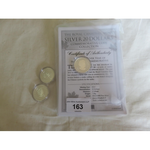 163 - Three Royal Canadian Mint Fine 999.9 Silver $20 Coins, all capsulated with certificate of authentici... 