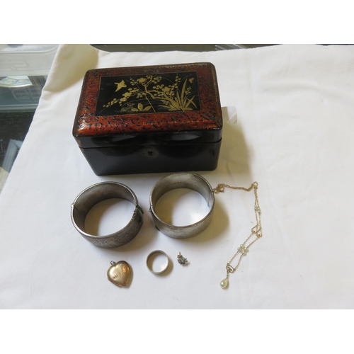 117 - Two Silver Bangles, Silver Ring, 9ct. Gold and Pearl Necklace, Single Earring and Locket