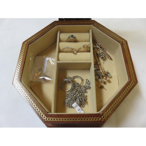 120 - Hexagonal Jewellery box containing Silver Chain, 9ct. Gold Blue Stone Dress Ring, Two 9ct. Gold Bar ... 