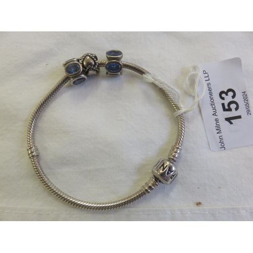 153 - Pandora Style Bracelet With Blue Stone Charms