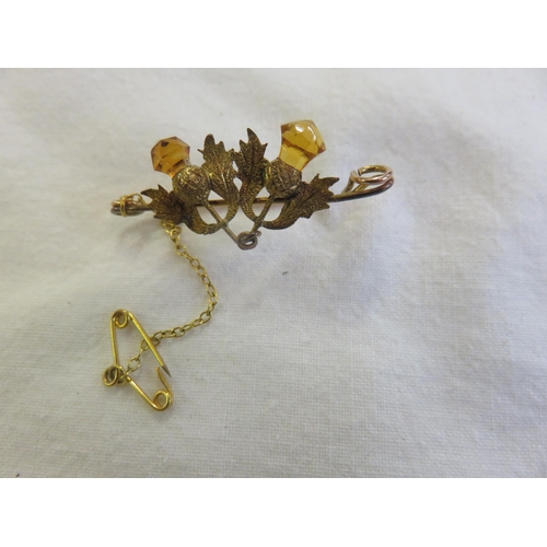 154 - Alex Gill and Son Double Thistle Gold and Citrine Brooch - boxed