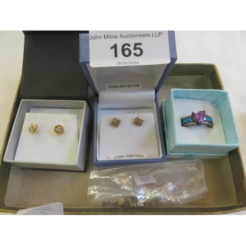 165 - Two pairs of 9ct. Gold Earrings, Silver Dress Ring and three pairs of Silver and Gold Earrings