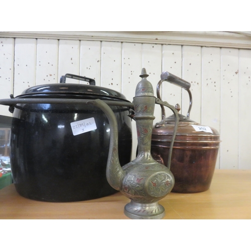 202 - Lidded Metal Cooking Pot, Copper Kettle and Eastern Style Pot