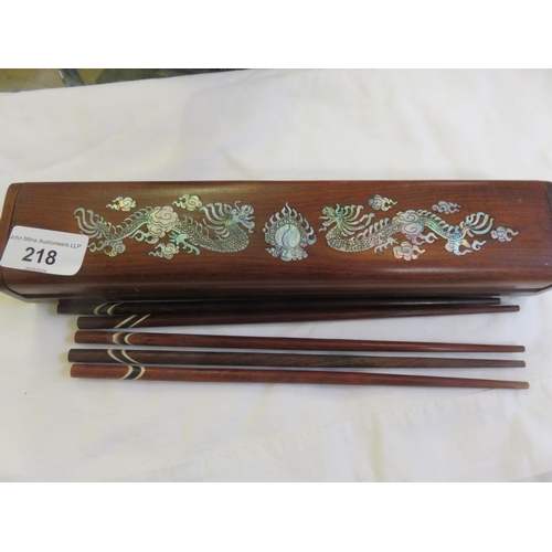 218 - Mother of Pearl Inlaid Mahogany Box With Twelve Chopsticks and Mounts