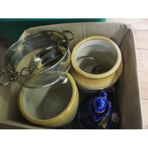 308 - Box with two Jars, Plated Ware, Empty Whisky Decanter