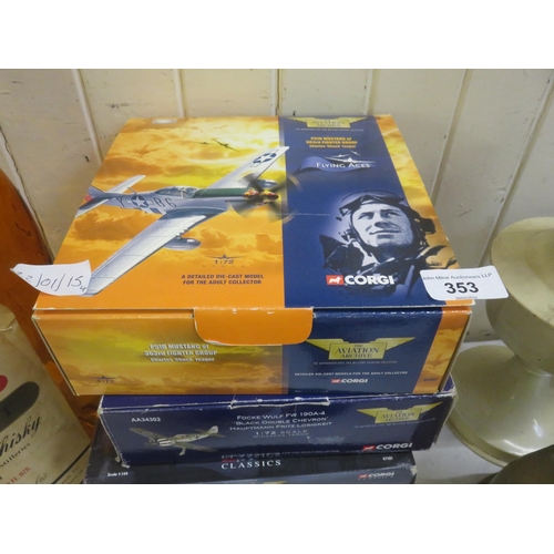 353 - Four Boxed Corgi Planes: Douglas C47, FW190, P190, P51 Mustang Gloster Gladiator