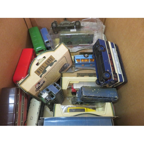 398 - Box containing Boxed and unboxed Buses, some Dinky and Days Gone By