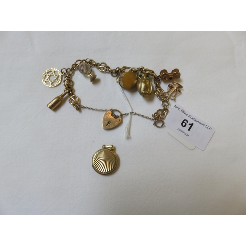 61 - 9ct. Gold Charm Bracelet and 9ct. Gold Locket, 31.2 grams, total weight