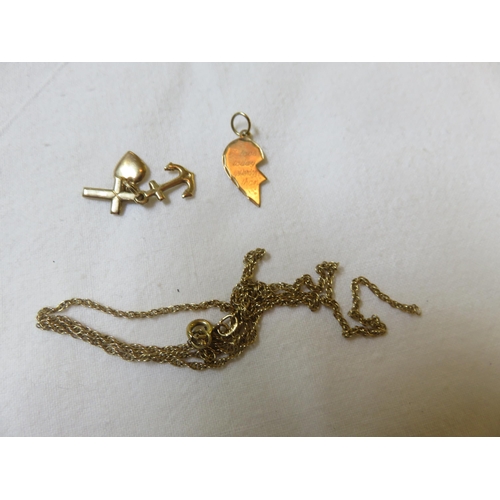 83 - Broken 9ct. Gold Chain and four unmarked Gilt Metal Charms