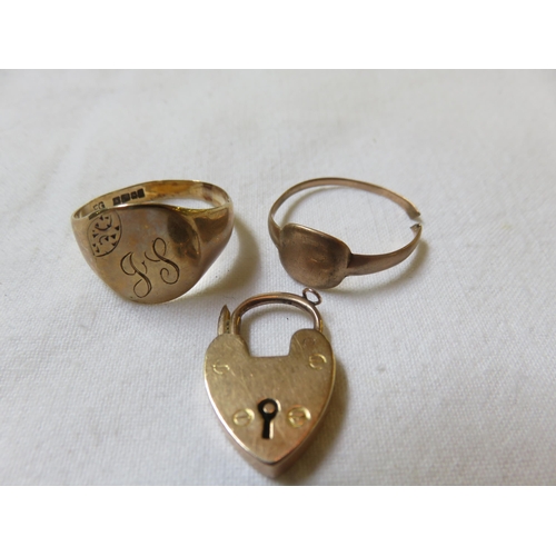 92 - Two 9ct. Gold Signet Rings, 9ct. Gold Padlock, 7.5 grams