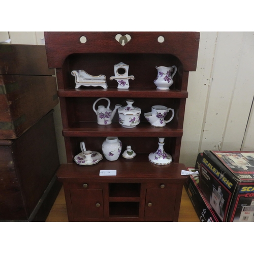 192A - Miniature Mahogany Welsh Dresser with Hammersley Bone China Pieces