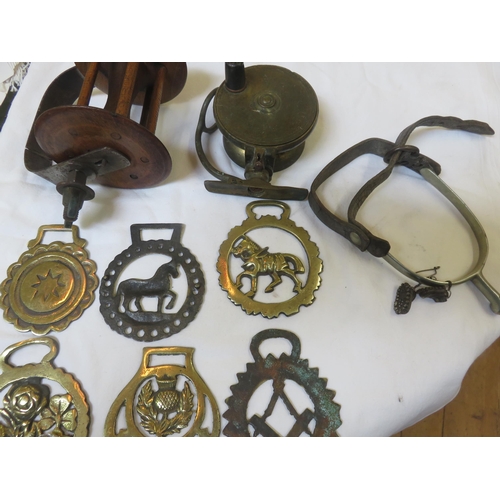 317A - Two Antique Fishing Reels, Pair of Stirrups and small quantity of Horse Brass