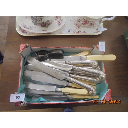 193 - Small Lot of Bone Handled With Silver Rims Knives and Napkin Rings