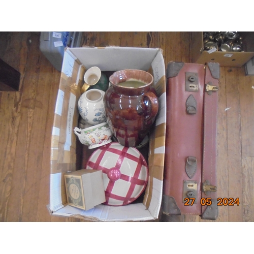 237 - Box of Crocks, Jars, Coffee set, Caithness Glass Vase etc and a Suitcase