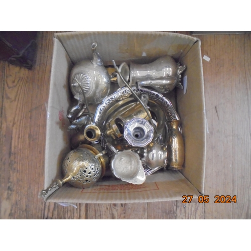 238 - Box of Plated and Brassware, Including a 19th Century Plated Chamberstick and a Silver Spoon