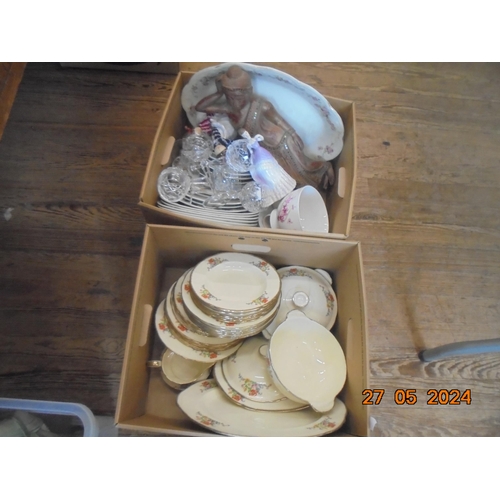 242 - Box of Meakin Dinner Ware and Box with Dinner Ware, Figures, Crystal, Buddha Statue