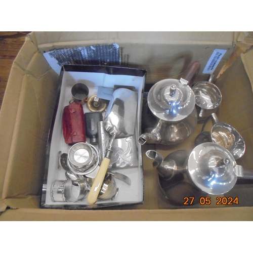 243 - Box of Plated Ware, Coffee Set, Hip Flask, Napkin Rings, Cruets etc.