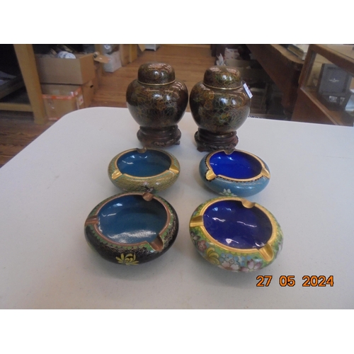 277 - Two Cloisonne Lidded Jars and Four Cloisonne Ashtrays