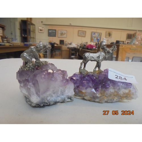 284 - Two Amethyst Geodes with Moose and Bear Finials