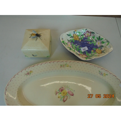 305 - Malingware Tray, Crown Devon Bee Biscuit Box and Shelly Tray