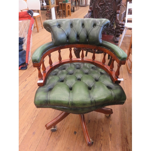 393 - Green Leather Upholstered Captains Chair