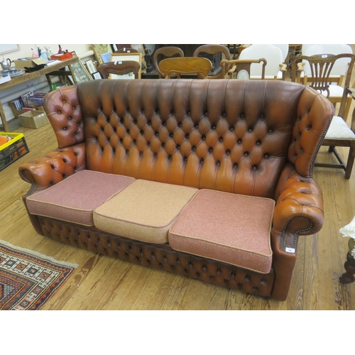 396 - Brown Leather Button Back Three Seat Couch