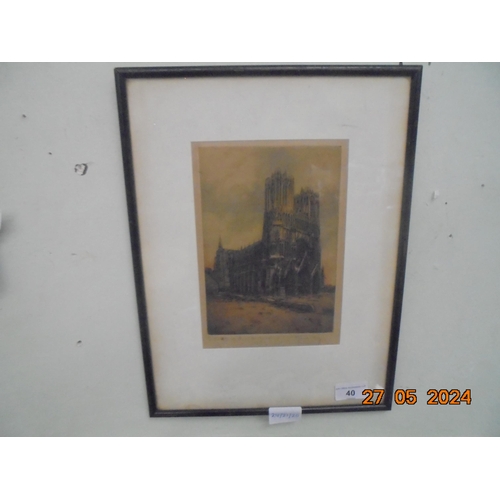 40 - Framed Etching of a Church - Signed M. Angus