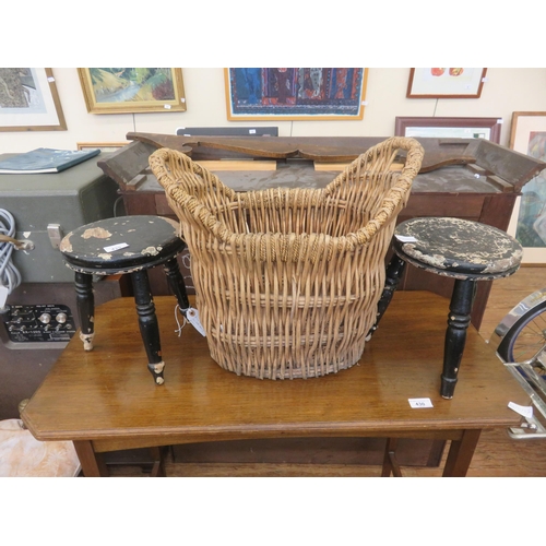 429 - Pair of Rustic Style Milking Stools and a Two Handled Basket